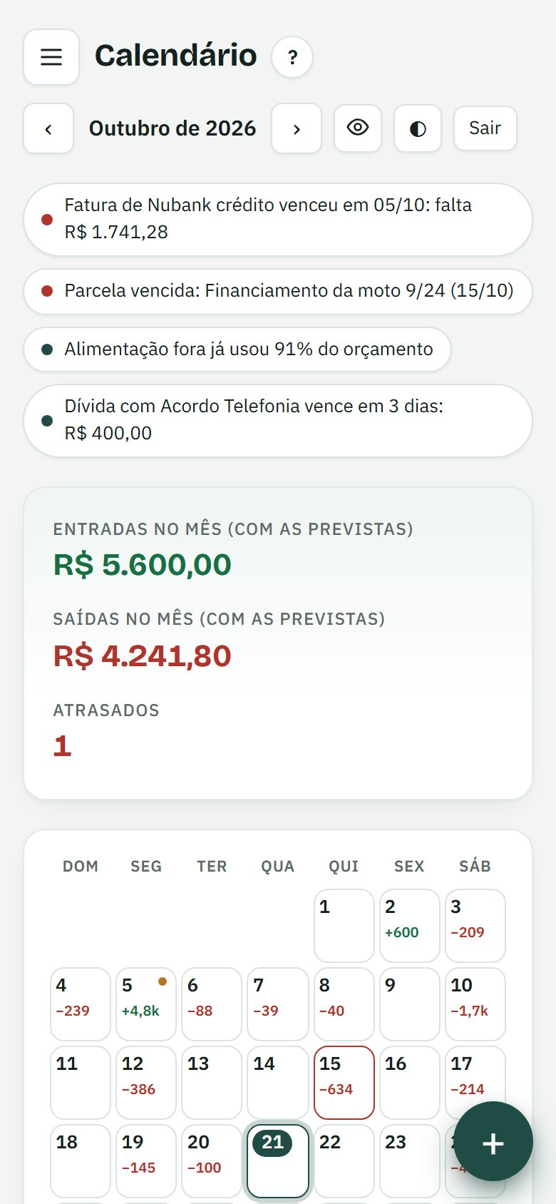 Calendário do dinheiro: tela do Tuga