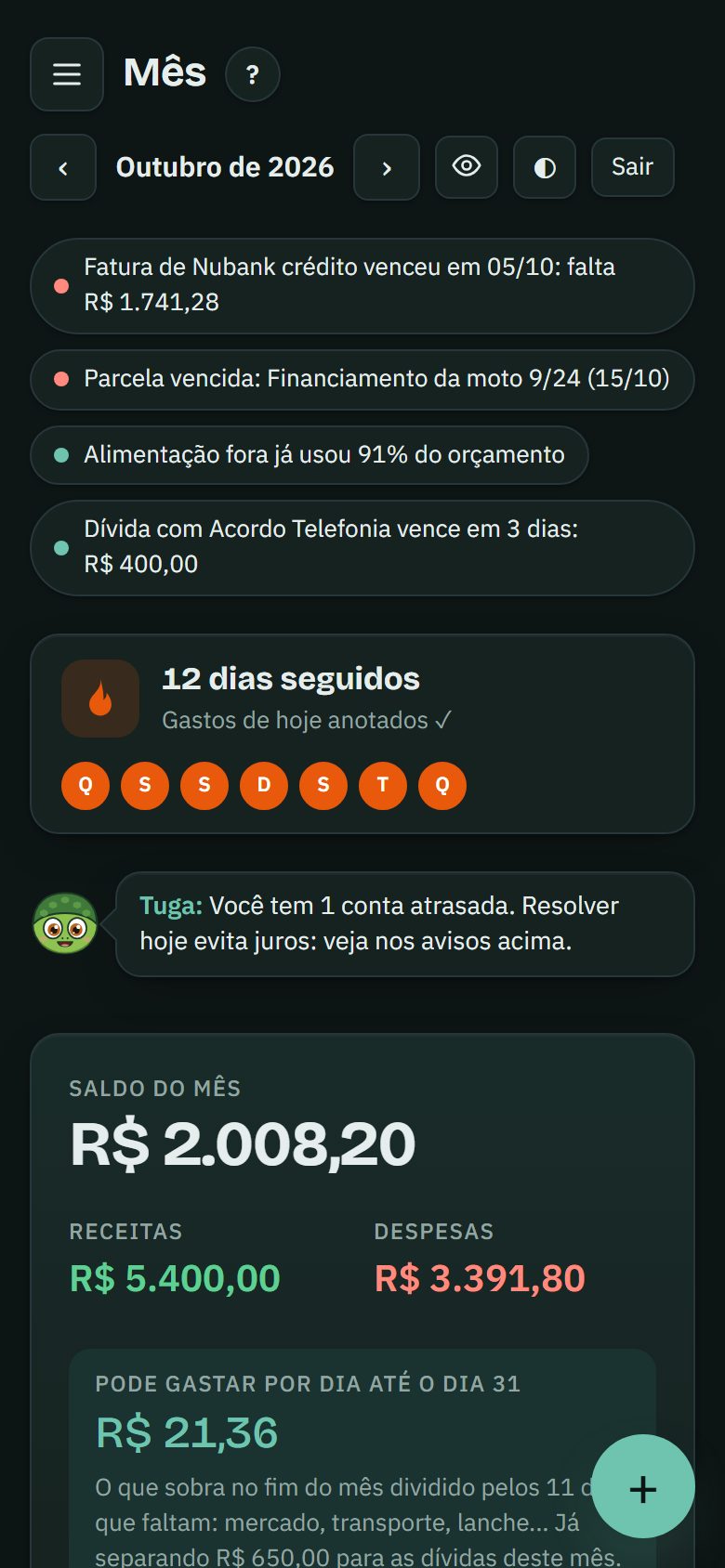 Aplicativo no tema escuro